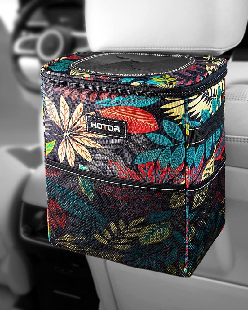 HOTOR Car Trash Can with Lid and Storage Pockets - 100% Leak-Proof Organizer, Waterproof Garbage Can, Multipurpose Trash Bin for Car, 2 Gallons, Autumn Leaves - Image 1